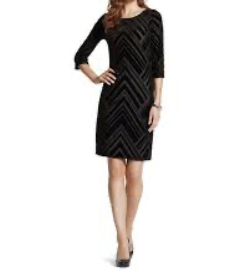 Chico's Velvet Burnout Dress Black Geometric Stretch Knee Length Size 0 = S = 4